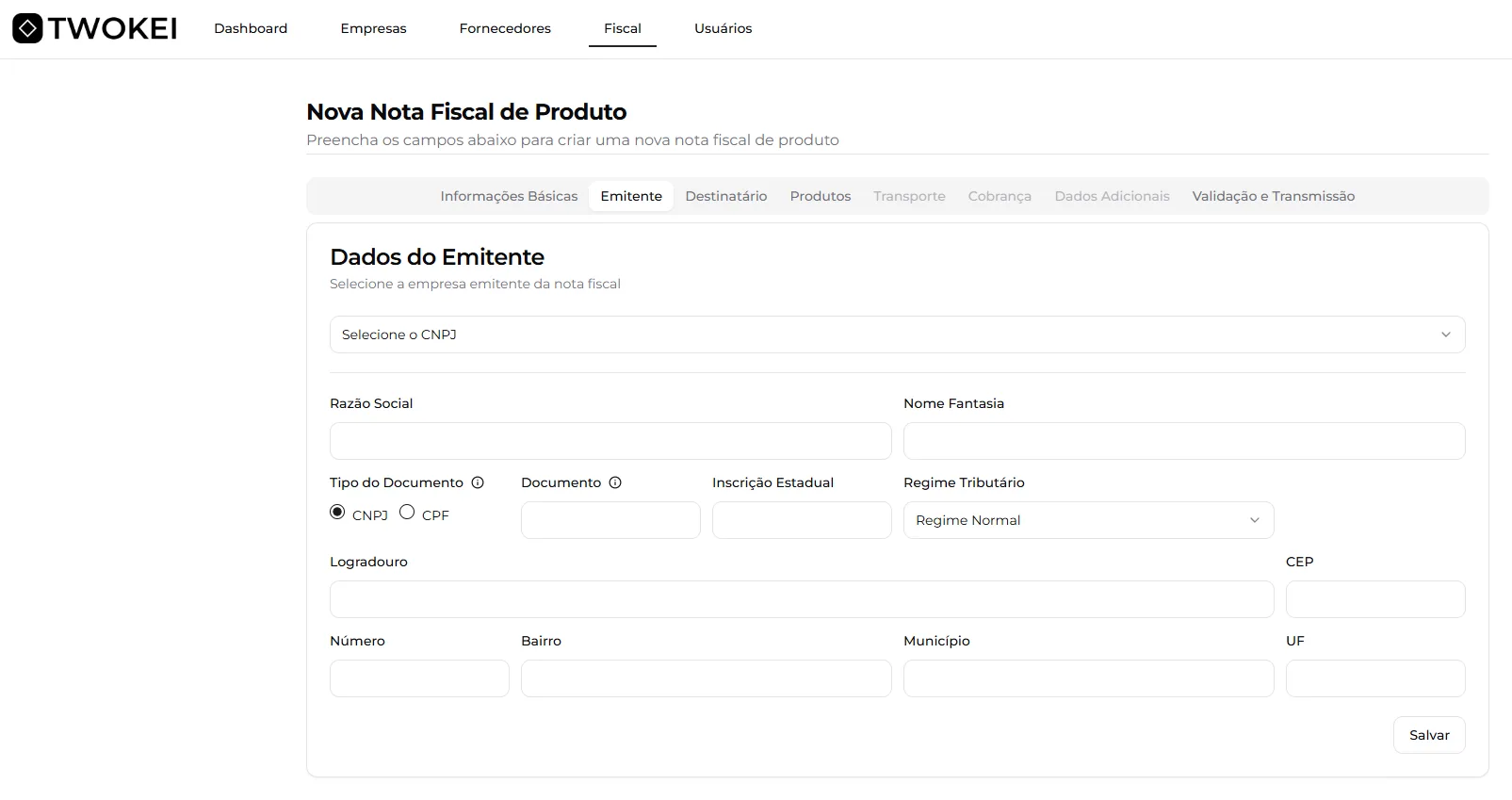 Interface do sistema Twokei — cadastro de nota fiscal com dados do emitente